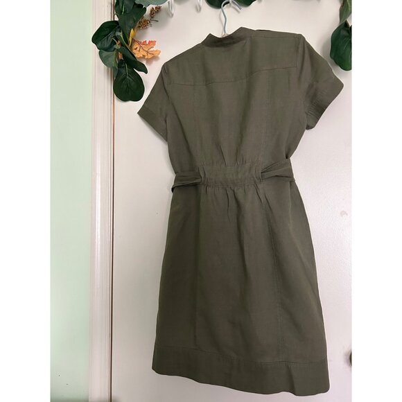 SPENSE Army Green Shirt Dress Sz 10 LINEN Blended Belted Pockets Vneck Short Sle - Picture 2 of 8